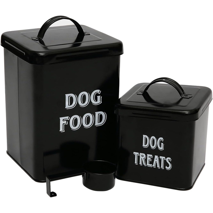 Контейнер для корму Morezi (2 шт.): сталь, з кришкою, ложка. Підходить для корму собак, котів та інших тварин. Білий/Чорний