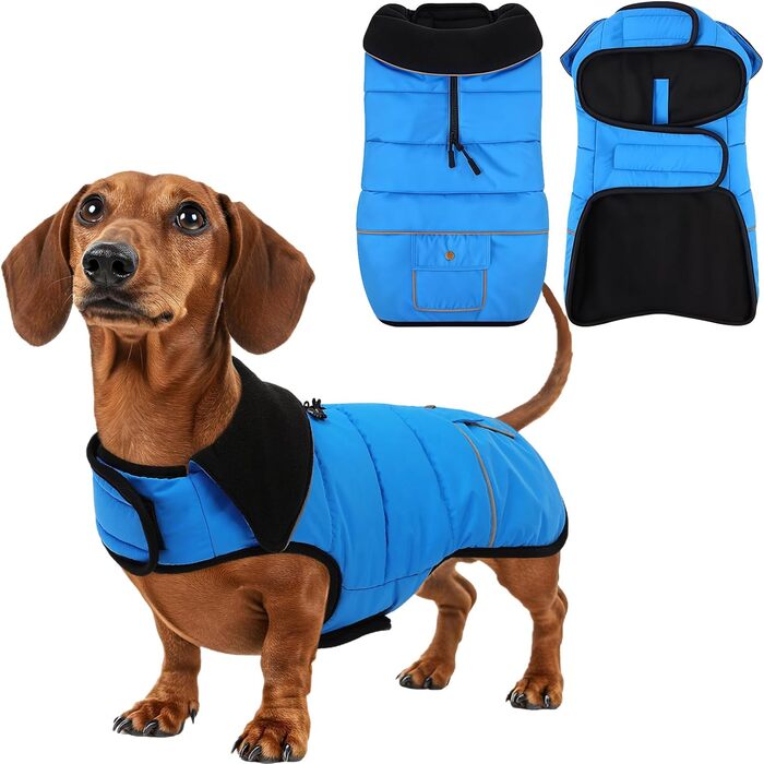 Водонепроникний теплий зимовий одяг для собак з флісовою підкладкою та світловідбиваючими елементами, з кишенею на спині, розмір M, обхват грудей 53 см, блакитний