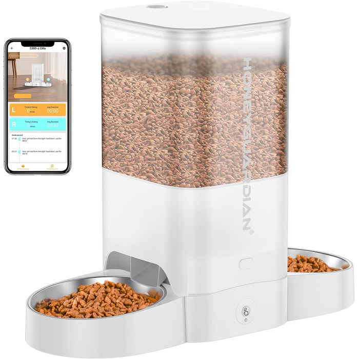 Автоматичний годівниця для котів HoneyGuaridan з Wi-Fi, 2 миски, 5 л, білий