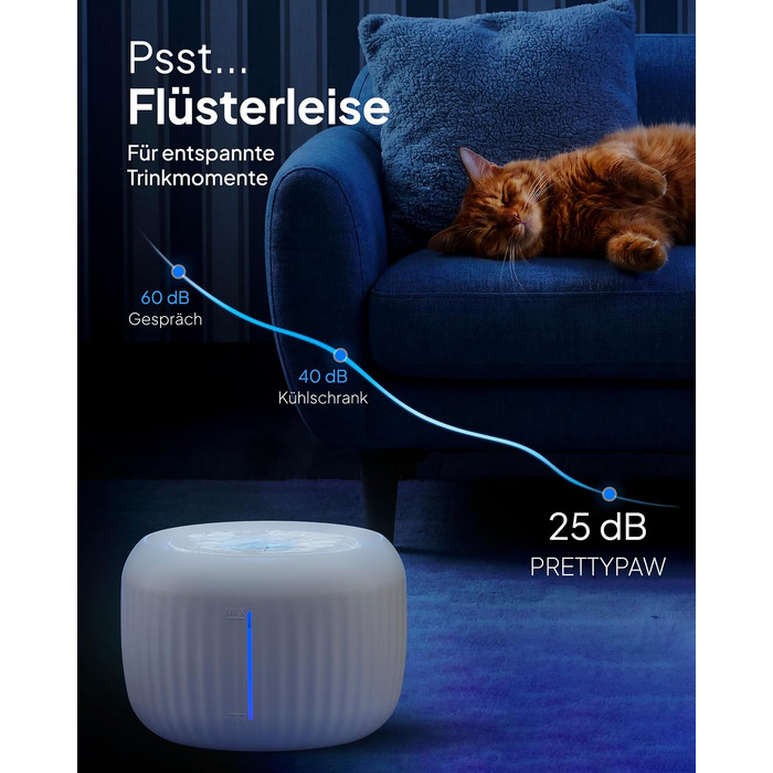 Фонтан-питилка для котів Pretty Paw з безшумним насосом, LED-підсвіткою та вугільним фільтром, 2.5 л, білий