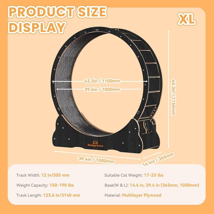 Катання для котів Homegroove, 113 см, XL: бігове колесо для дому, для зниження ваги та здоров'я котів