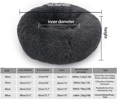М'яке ліжко для собак у вигляді подушки-пончика, 60 см, темно-сірий колір