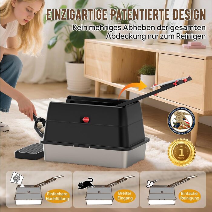 Лоток для котів BEST JAJA XXL з кришкою, нержавіюча сталь, 61.9 × 41.9 × 37 см, чорний