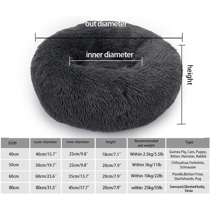 М'яке ліжко для собак у вигляді подушки-пончика, 60 см, темно-сірий колір