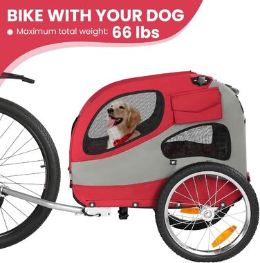 Причіп для собак до 30 кг, складний, з відбивачами, сумкою, м'яким внутрішнім простором та страхувальними ременями, червоний