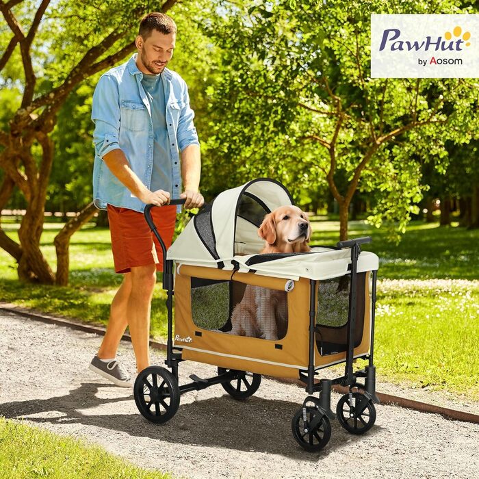 PawHut 2 в 1 візок для собак та котів, складна конструкція, до 30 кг, з подушкою, сітковими віконцями, 2 дверцятами, кишенькою для зберігання, колір коричневий