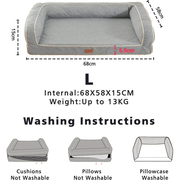 EMME лежанка для собак XL, 111x86x25 см, ортопедична лежанка з Memory Foam, водовідштовхувальна та миється, (106.5 x 71 x 23 см, світло-сіра)