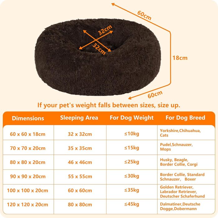 Ортопедичне ліжко для собак, кругле, м'яке, для котів та собак, 70 см Ø, (60x60x18 см), коричневе