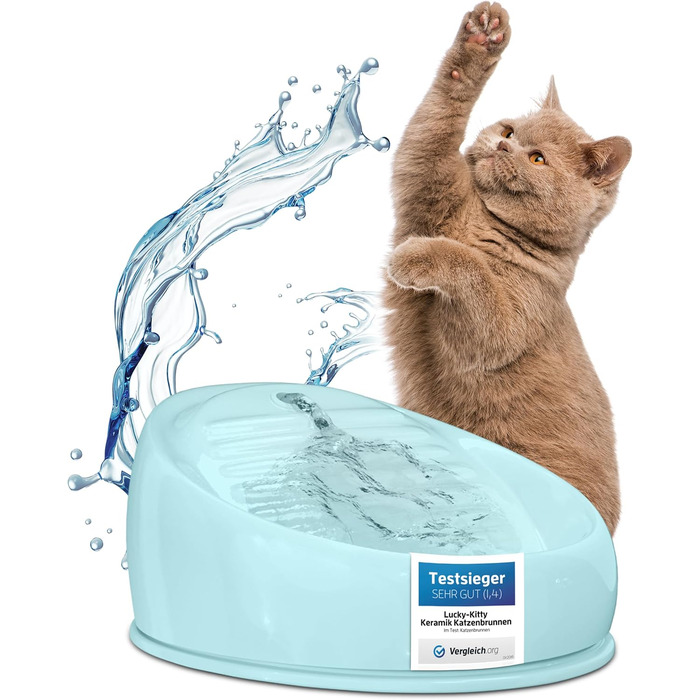 Керамічний фонтанчик Lucky Kitty для котів, синій, ручна робота, гігієнічний, без пластику, без фільтрів, тихий та енергоощадний поїльник для котів