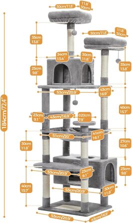 PAWZ Road Драбина-кіготь для великих котів, 184 см, сіра, з сизалевим покриттям, 2 стійки, будиночок та кошик
