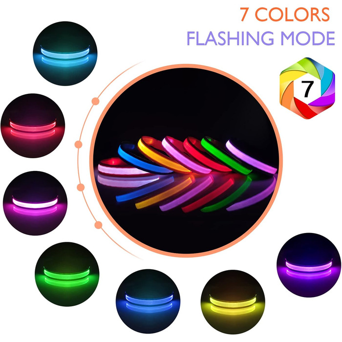 LED нашийник для собак з підсвічуванням, вологостійкий, 7 кольорів, регульований, чорний, 8 режимів, розмір M (38-50 см)