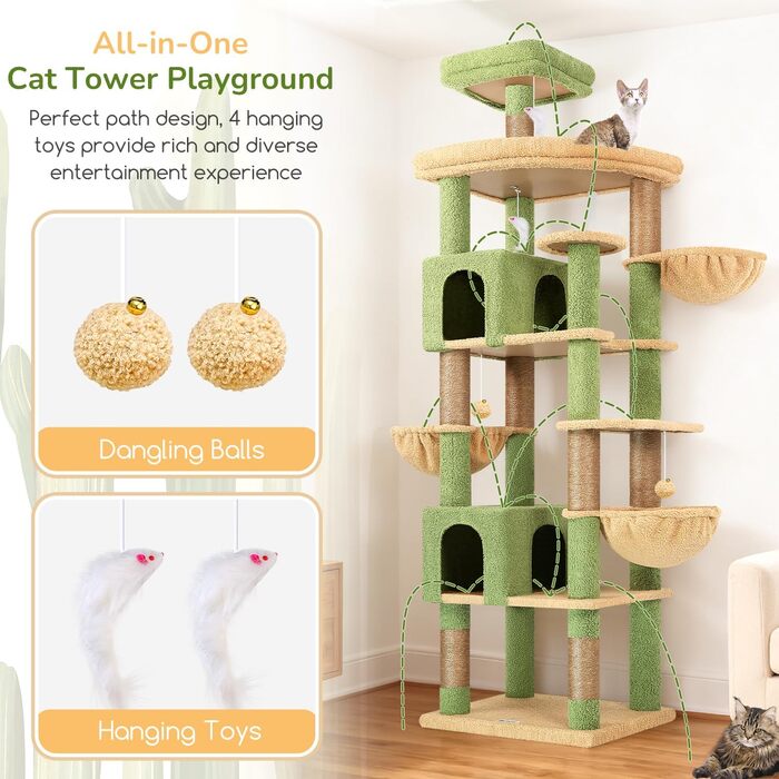 Дерев'яний комплекс для котів Globlazer XXL, 209 см, з 2 будиночками, великою платформою, 3 кошиками, ситцевими стійками, 8 сизалевими стовпчиками для дряпання, стабільний, зелений