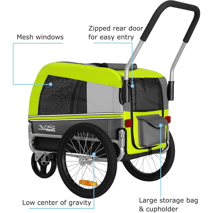 Універсальний візок-перевозник для собак Tiggo VS Pets Medium: 2в1 (велосипедний, буксирний) - зелений