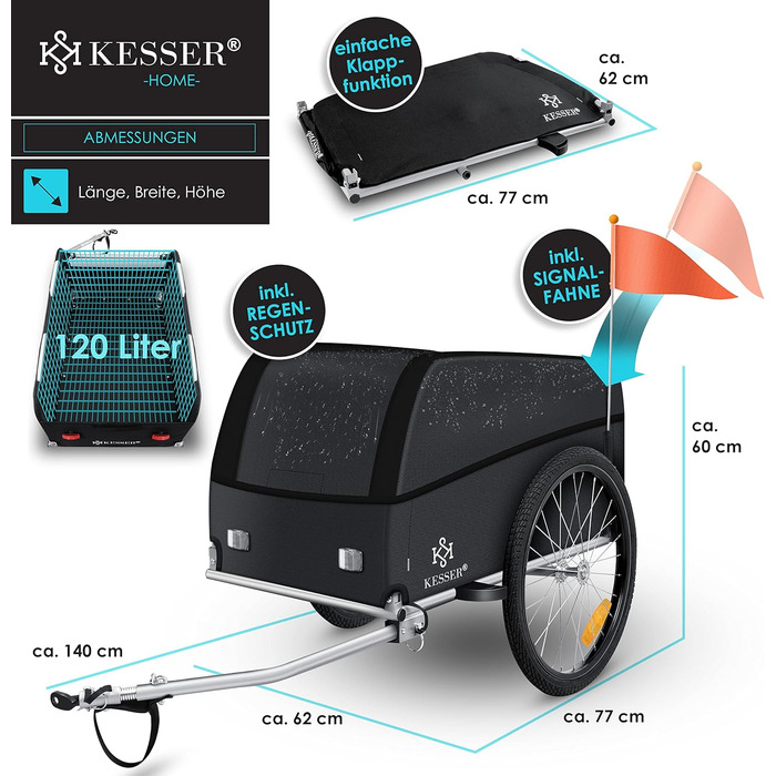 Причіп для велосипеда KESSER® вантажний з високою тягою, 120 л, чорний, з дахом та функцією складання