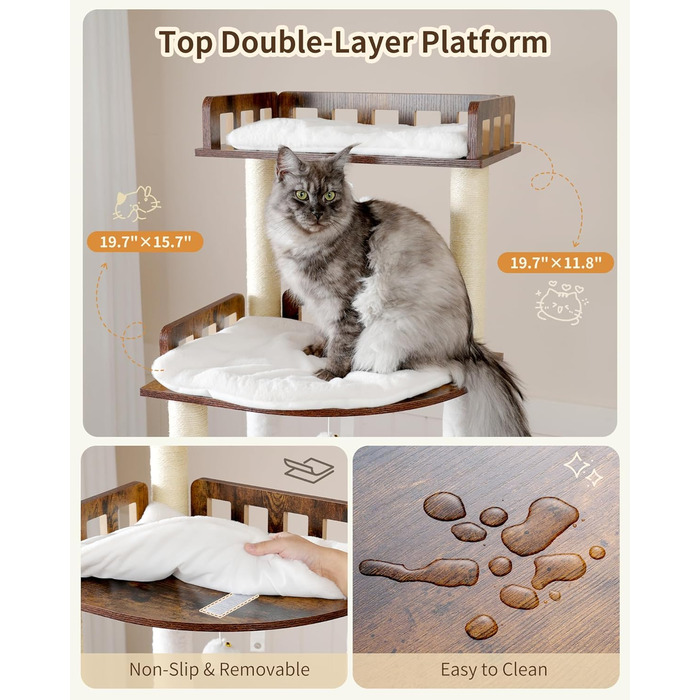 Дерев'яний котячий комплекс Heybly Kratzbaum HCT121WB (Vintage-Braun), 179 см, з будиночком, гамаком та сизалевими стовпчиками