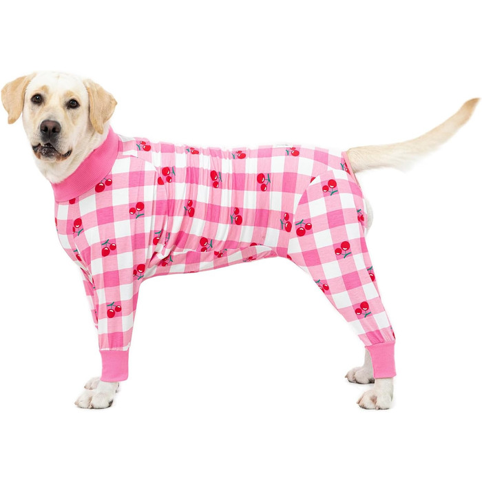 Піжама для собак, комбінезон для середніх та великих собак, легкий, милий одяг для домашніх тварин, комбінезон, великий розмір, одяг для собак після операцій, темно-сірий (32 (Обхват грудей 82 см | Довжина спини 56 см), рожевий у клітинку)