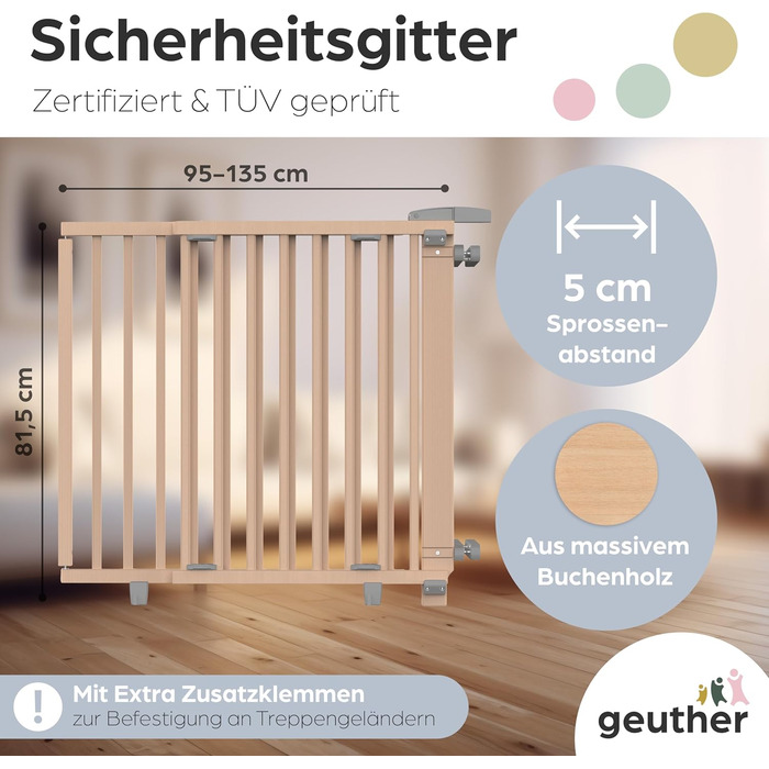 Захист для сходів Geuther Oris | Дверний захист для сходів з кріпленням, 2 клямки для поручнів, ширина регулюється | Стабільне дерев'яне дитяче ворота, натуральний лак (натуральний, 95-135 см)
