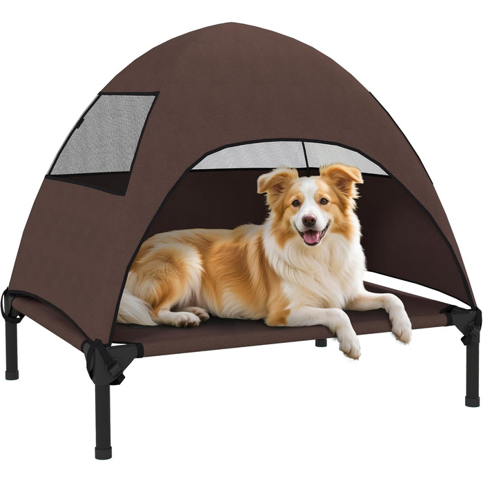 Лежанка для собак PawHut Outdoor з дахом, підняте ліжко для середніх собак, ліжко для домашніх тварин з охолоджуючим ефектом, сталевий каркас з сіткою, переносна сумка, ліжко для собак на вулицю, кемпінг 76x61x71см, (76x61x71см, Кофе)