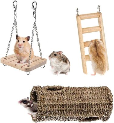 Іграшки для хом'яків Wonninek: набір з 3 іграшок для клітки - драбина, гамак-гойдалка, тунель-гніздо. Підходять для хом'яків, шиншил, морських свинок.