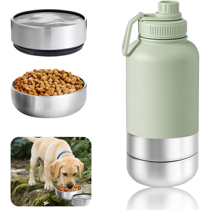 950 мл 3-в-1 Поїльник для собак, ізотермічна сталева фляга з мисками для їжі та води, для подорожей та активного відпочинку (зелений, L)
