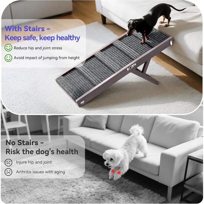 Рампа для собак Pawaboo, складана, дерев'яна, регульована висота (13.6'-21'), для маленьких собак та котів, з антиковзною поверхнею, для ліжка/дивану, сіро-фіолетовий