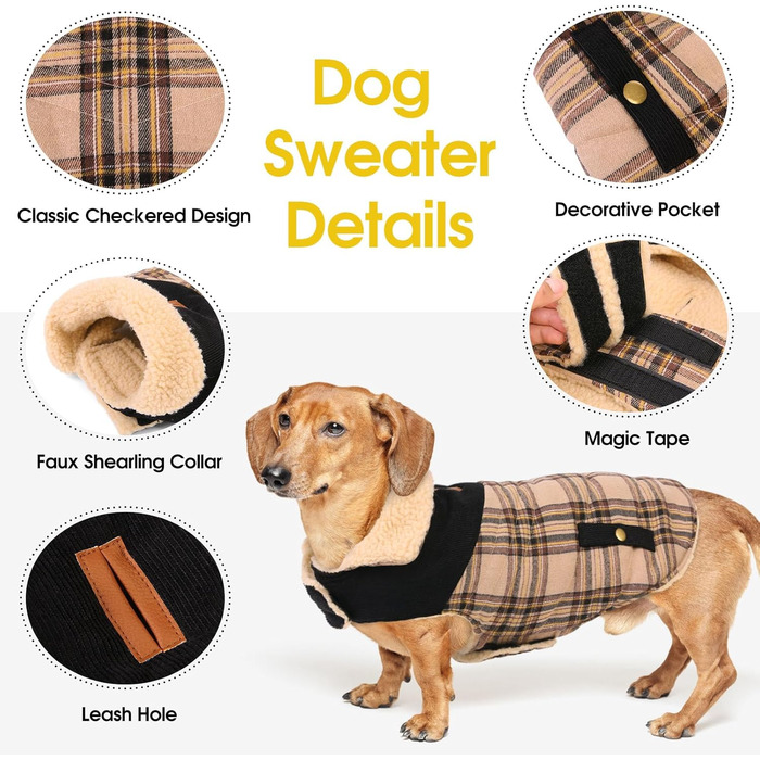 Теплий зимовий одяг для собак: флісовий зимовий одяг, куртка для маленьких, середніх та великих собак. Тепла куртка-пуловер для собак з отвором для повідка, підходить для активного відпочинку в приміщенні та на вулиці. Колір: бежевий, візерунок: в клітинк