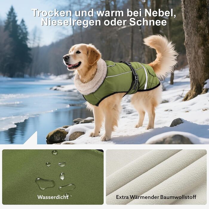 Зимовий одяг для собак, водонепроникна куртка для великих собак з регульованими лямками, теплий одяг для собак з флісу, світловідбиваючі смуги, підходить для лабрадорів, оливковий, XL