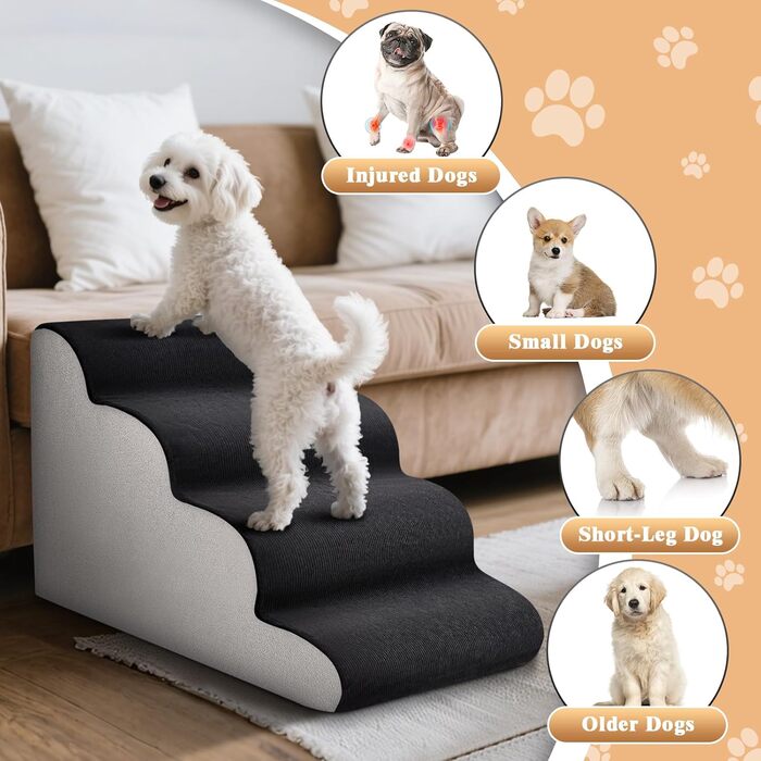 Сходинки для тварин JUOIFIP, 4 сходинки, для маленьких собак та котів, чорно-сі кольори, миючий, антиковзаючі