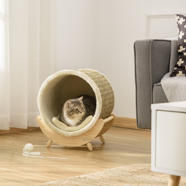 PawHut котячий будиночок з полицею, котяче ліжко, дряпка, деревина сосни, фланель, хакі, натуральний & бежевий, 41x38x43 см | Aosom