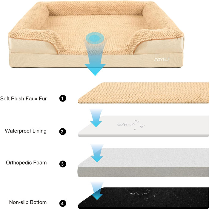 Ортопедичне ліжко для собак Joyelf, велике, вологостійке, знімний чохол, неслизьке дно, 90x66x18 см, хакі