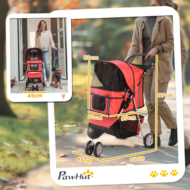 PawHut Dog Buggy Multicolor Dog Buggy для прогулянок, легкий і складний, для собак і кішок, червоний