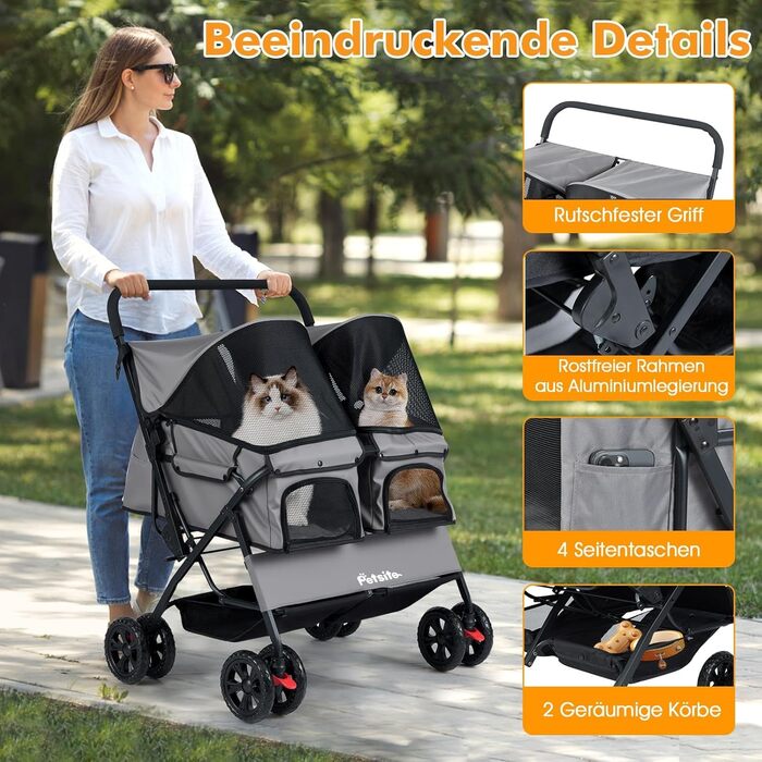 Візок для собак FANTASK 3-в-1, переноска, сумка для тварин до 5 кг з регульованим дахом з сітки та кошиком, тримачем для напоїв, складний візок для собак, котів, домашніх тварин (Сірий, 2)