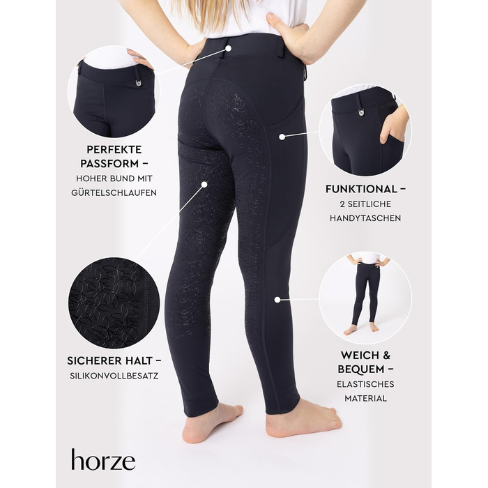 Дитячі верхові штани HORZE DEA, 122-128, Arctic Blue - повний обтиск, кишеня для телефону, петлі для ременя