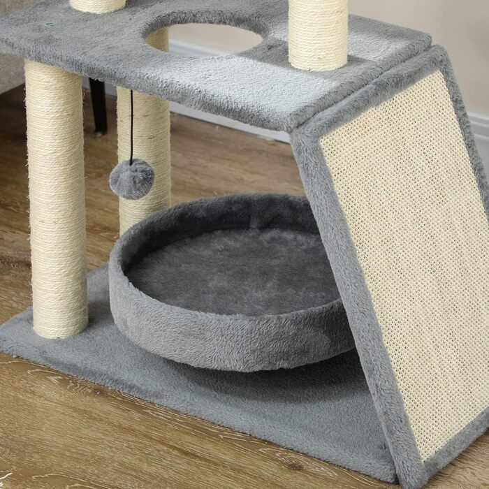 Котячий комплекс PawHut Cosy Chic, багатофункціональний, дерев'яний когтеточка, ігровий центр з лежаком, платформами, іграшкою, сірий, 60x30x76 см