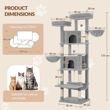 Котячий будиночок Kratzbaum Groß 216 см: великий, стабільний, з 2 печерами, 2 платформами, 2 кошиками та гамаком для дому. FPMS007FG1 (50x40x175 см, світло-сірий)