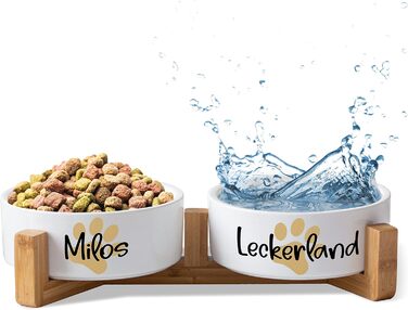 Керамічний подвійний набір мисок з іменем для собак та котів 'Велика лапа' - персоналізований набір мисок з/без підставки | Миска для собак, годівниця, миска для котів | Годівниця (2x 500 мл, підставка)