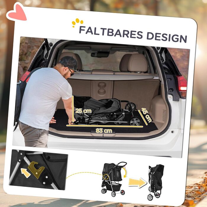 Візок для собак та котів PawHut, чорний, 75x45x97 см, 75L, з килимком, сітковими віконцями, тримачем для напоїв та сумкою для зберігання