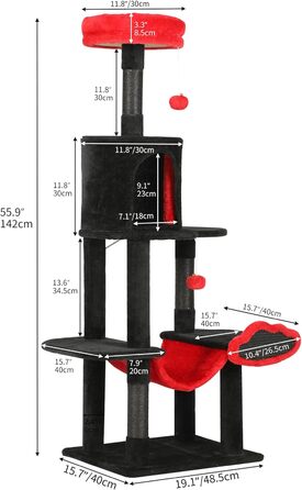 Котячий комплекс YITAHOME XXL, 142 см, з 8 стовпчиків сизалю, 3 платформи, 2 печери, гамак, іграшки, чорно-червоний