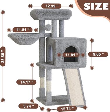 Дерев'яний кігтеточки для котів, кігтеточка-вежа, ігровий комплекс для кошенят, сірий колір, висота 98.5 см