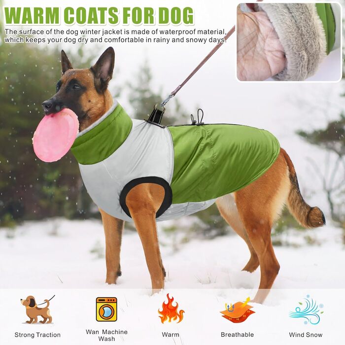 Водонепроникний зимовий одяг для собак Dolahovy: тепла флісова куртка для малих, середніх та великих собак, вєсті з шлейкою (зелений, 2XL)