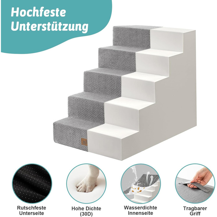 COZY KISS драбинка для маленьких собак, 5 сходинок, широка сходи для домашніх тварин для ліжка, дивану, авто, висота 60 см, високощільна піна, чохол знімається, сіра, 75x50x60 см