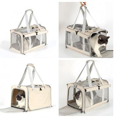 Велика переносна сумка для котів, собак, цуценят до 8 кг, з безпечними замками та регульованим плечовим ременем. Дихаюча, складана сумка-переноска для подорожей, до ветеринара, в авто та літак (Бежевий)