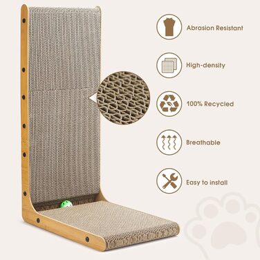 Котяче дряпання - дряпка для котів L-подібної форми, 68 см, з м'ячиком. Ідеально для дому, стін та кутів. Аксесуар для котів