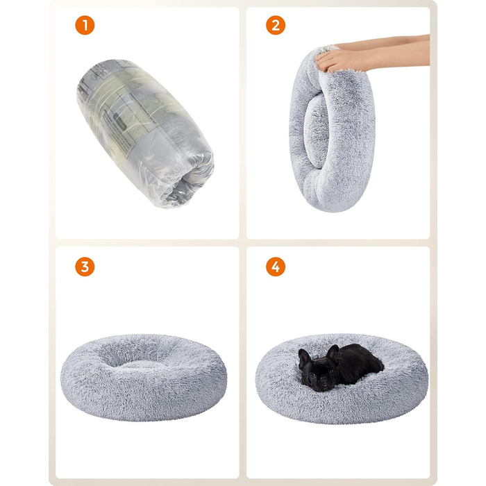 Ліжко для собак Feandrea, ліжко для котів, подушка-донат, 70 см, м'який плюш, знімний наповнювач, Ombré-Сірий