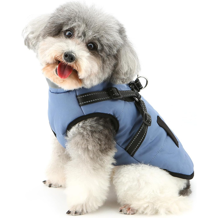 Тепла куртка для собак Yorkie та Chihuahua з підкладкою з флісу та інтегрованим повідком, вітронепроникна, (S, блакитна)