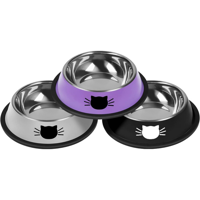 Набори мисок для котів Serentive з нержавіючої сталі, 2 шт., антиковзні, для маленьких котів, міцні, годівниці для котів, 380 мл, знімні гумові основи, легко миються, сірий, фіолетовий, чорний (380 мл)