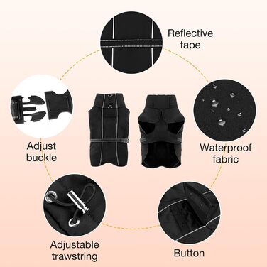 Водонепроникний зимовий теплий одяг для собак - тепла куртка з флісовою підкладкою та високим коміром, чорна, для середніх та великих порід