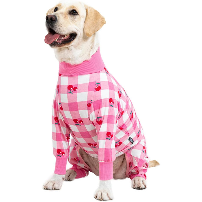 Піжама для собак, комбінезон для середніх та великих собак, легкий, стильний, великий розмір, післяопераційний одяг, темно-сірий, рожевий у клітинку (34 (Обхват грудей 89 см | Довжина спини 60 см))