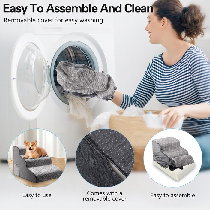 Сходинка для собак та котів на 3 сходинки, 40 см, з неслизьким покриттям. Зручна рампочка для собак та котів похилого віку, маленьких порід. Виготовлена з 30D піни, знімна та миється. Підходить для софи, ліжка, авто.