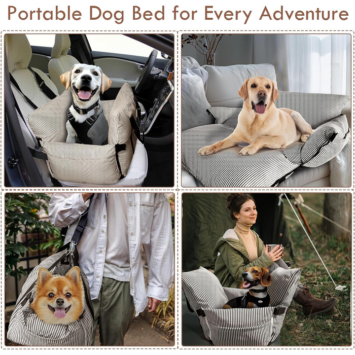 Автокрісло для собак - автокрісло-бустер для маленьких та середніх собак до 18 кг з ременем безпеки та кишенями для зберігання, антиковзаюча підставка (смугастий морський колір) (коричневий, 76.2 x 52 см)